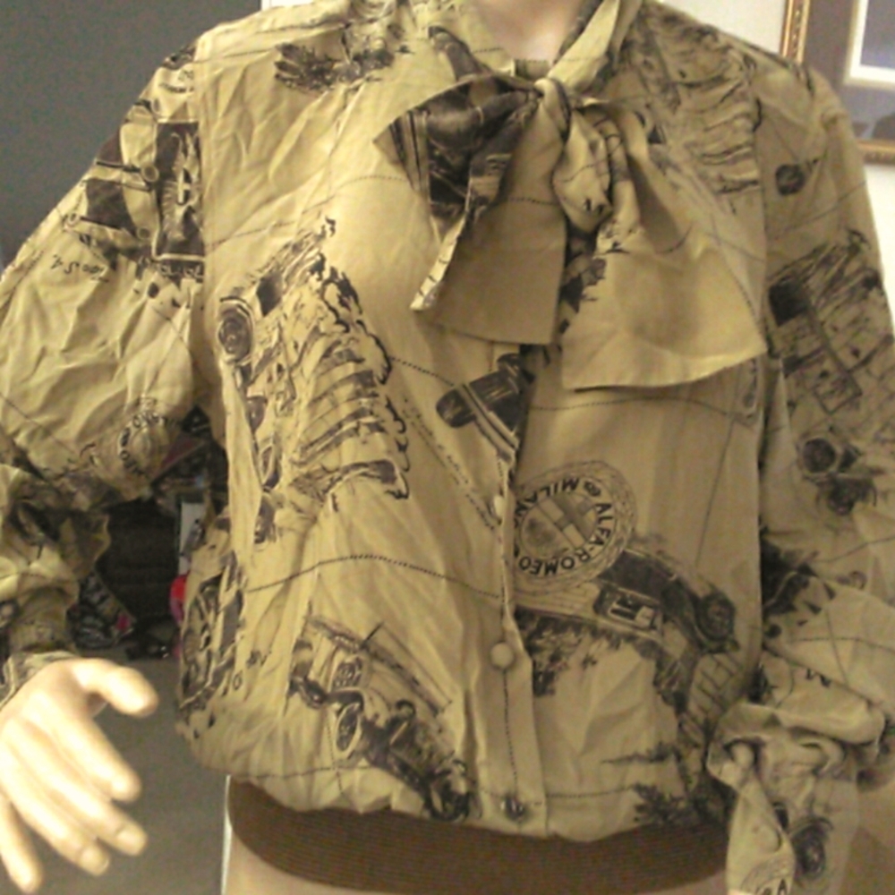 VINTAGE PIARUCCI SILK TAN BLOUSE W/ TIE CINCH WAIST BUTTON DWN. SZ 12 Lg